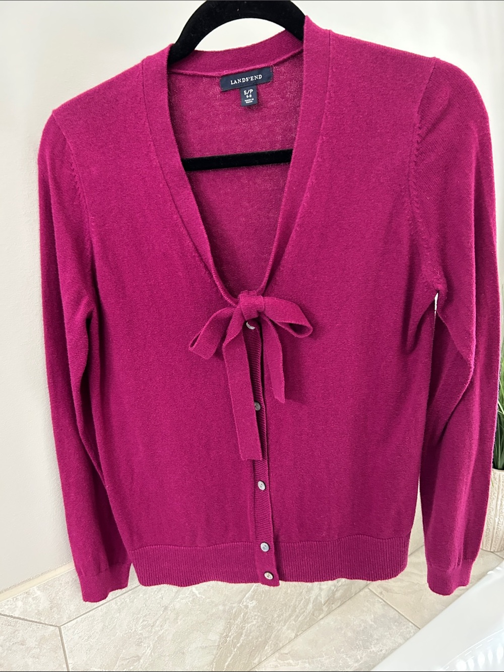 Lands' End Women's Tie-Neck Cardigan Sweater - Fuchsia